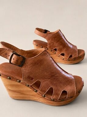 BED|STU Naiya Wedge Clog Leather‎ Wood Platform Sandals Buckle Studded Women 8.5